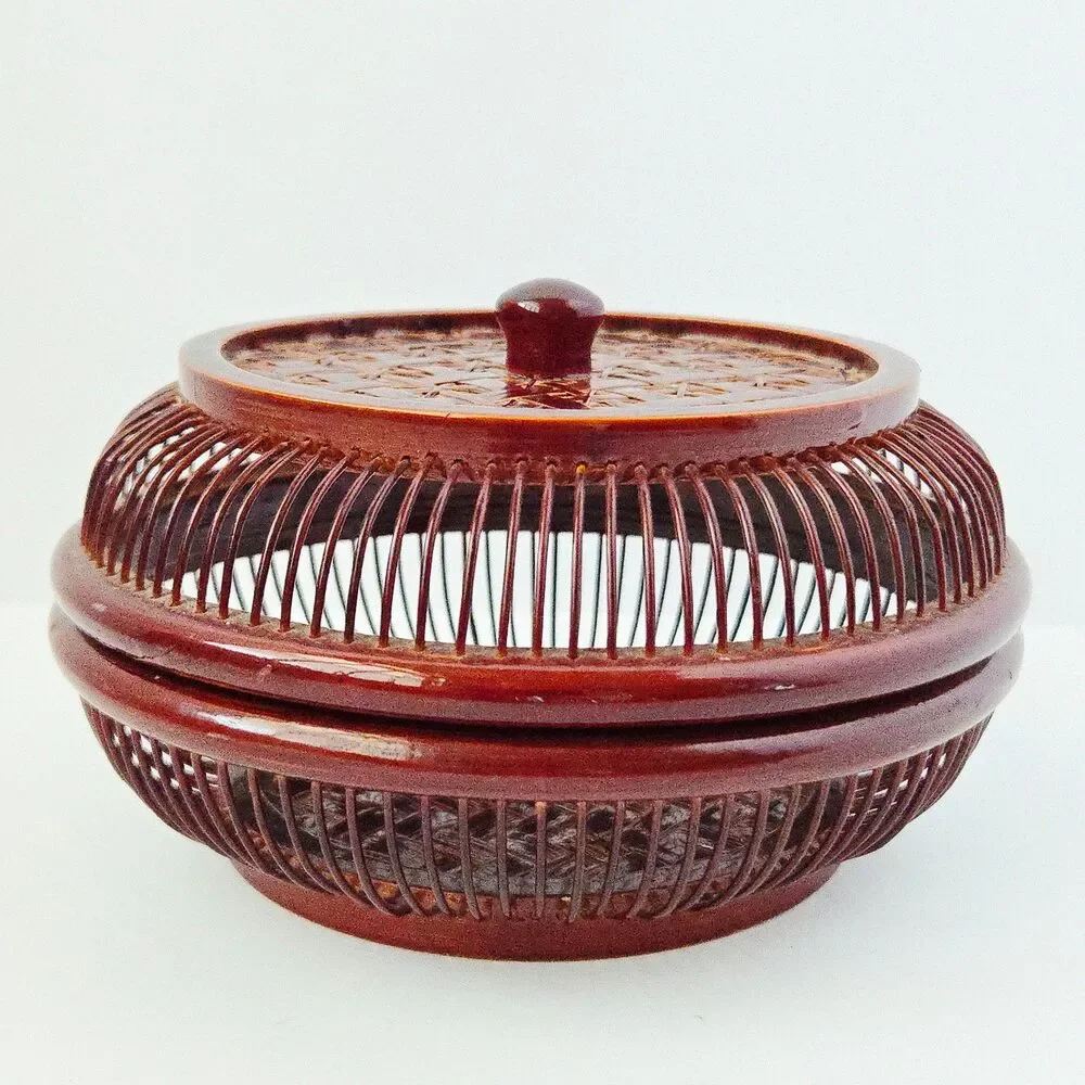 Vintage Japanese Handwoven Bamboo Lacquered Wagashi Basket w/ Lid Cricket Cage
